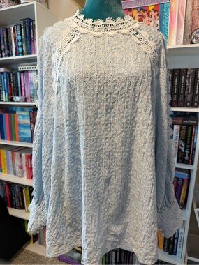 SHEIN Light Blue Eyelet Lace Long Sleeve Blouse